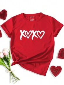 SHEIN LUNE Camiseta informal holgada para el Día de San Valentín para parejas, con cuello redondo y manga corta para mujer, adecuada para el verano