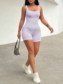 Zolique 女士纯色宽肩带简约修身休闲连体裤 - 淡紫色 - 查看 3