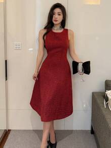 DAZY 优雅婚礼宾客、派对、约会着装纯色圆领铆钉中长连衣裙，女士舞会礼服，优雅吊带裙，婚礼礼服，红色女士圣诞连衣裙 - 紅色 - 查看 7