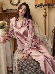 Côtesoire Ensemble de pyjama femme avec Top à manches longues avec volants en satin et pantalon