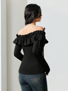 EastFlair Women's Solid Color Pleated Long Sleeve Casual Off Shoulder Top, Everyday Wear - Black - View 2