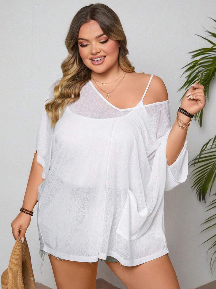 SHEIN CURVE+ 夏日海滩纯色蝙蝠袖罩衫 波西米亚风度假 - 白色 - 查看 7