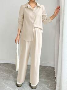 Chiquease 2pcs Set Casual Long Sleeve Pleated Women Top Fall Cloth For Women - Apricot - View 2