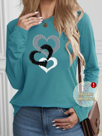 EMERY ROSE 修身爱心印花圆领休闲长袖T恤，适合春秋季穿着，女士图案T恤，春季女式上衣