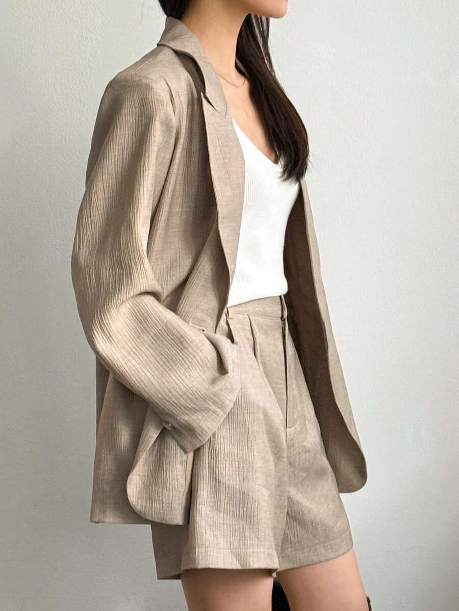 Dazy-Less 宽松简约商务休闲套装：女士西装外套和直筒及膝裤 Old Money Linen - 卡其色 - 查看 1