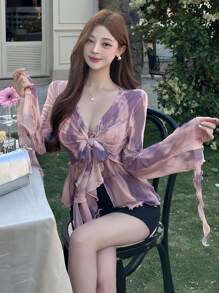 DAZY All-Over Floral Print V-Neck Tie Front Flare Sleeve Blouse For Women,Ruffle,Fall Women Clothes Long Sleeve Top - Purple - View 4