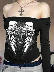 INAWLY Kaos Lengan Panjang Gaya Gotik Leher Persegi, Kaos Grafis Wanita, Atasan untuk Musim Semi dan Gugur, Pakaian untuk Wanita - Hitam - View 4