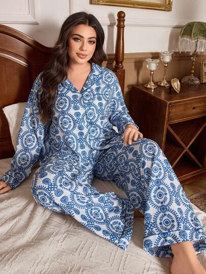 Trezura Plus Size Retro Floral Print Cardigan Long Sleeve Pajama Set