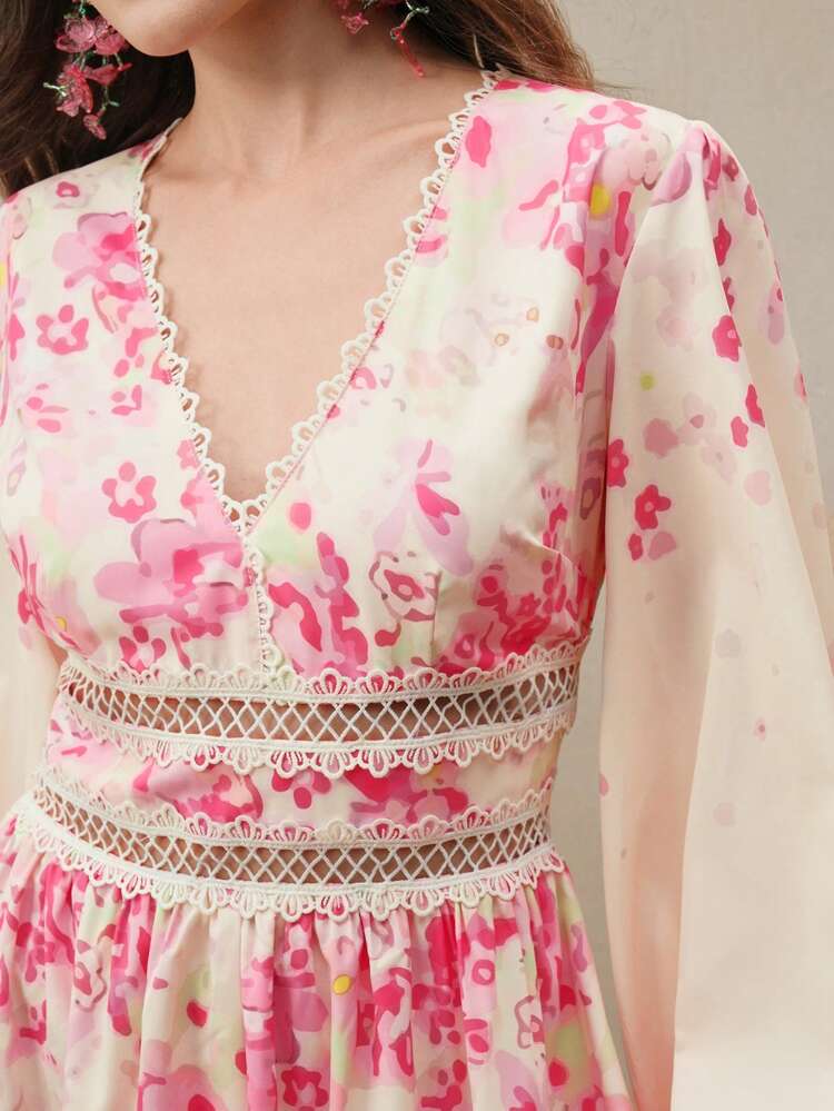 Anewsta Women's V-Neck Long Sleeve Simple Pink Valentine's Day A-Line Long Dress Floral Dress