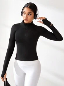 SHEIN Sport Studio Women Solid Color Front Zipper Long Sleeve Simple Fitted Sports Yoga Sweatshirt