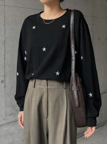 FRIFUL Camiseta de manga larga con cuello redondo y hombros caídos con estampado de estrella para mujer, otoño