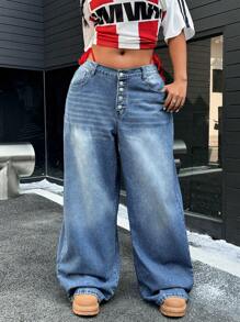 POPSWAY Plus Size Women Vintage Washed Street Style Distressed Denim Jeans - Medium Wash - View 1