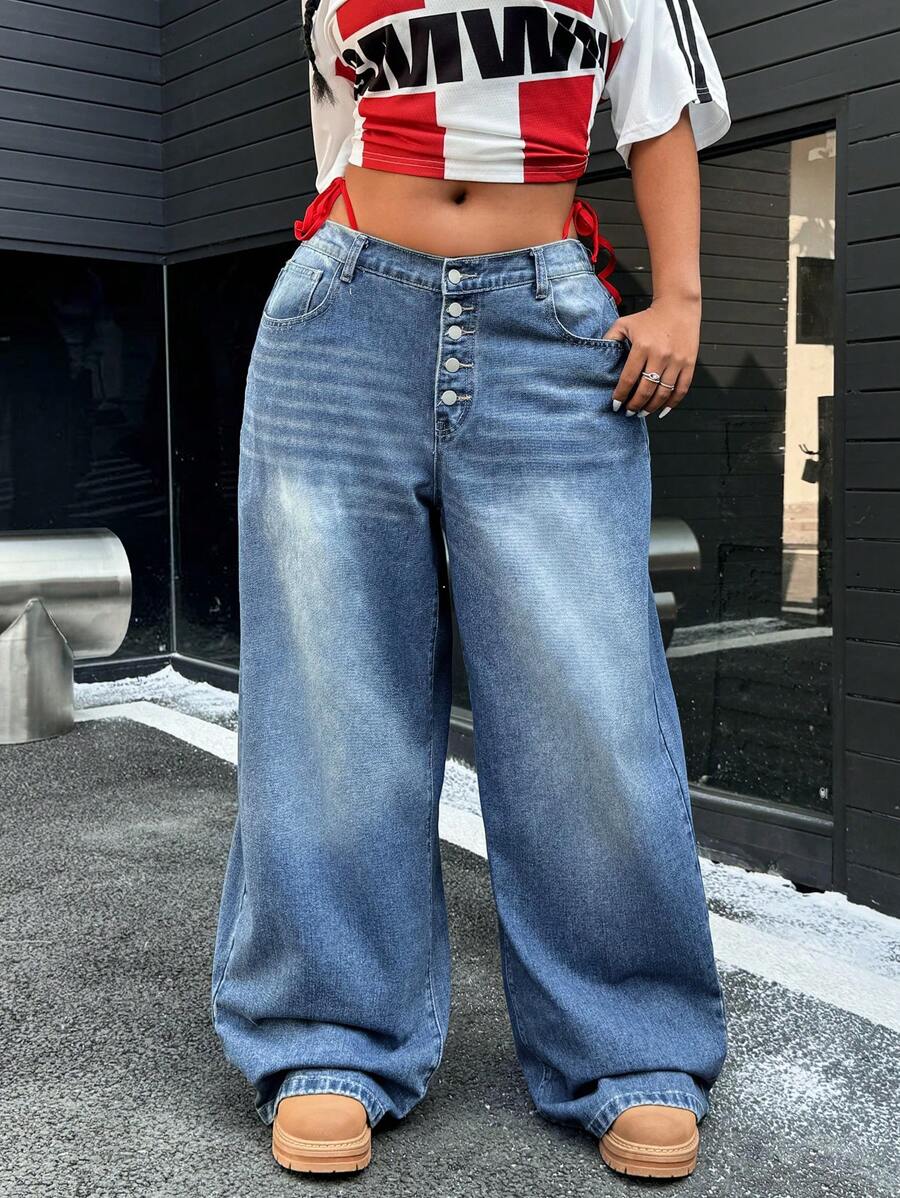 POPSWAY Plus Size Women Vintage Washed Street Style Distressed Denim Jeans - Medium Wash - View 1