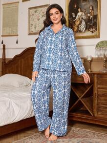 Trezura Plus Size Retro Floral Print Cardigan Long Sleeve Pajama Set - Multicolor - View 4