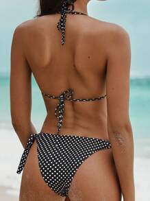 Swim Vcay Summer Women's Lace Trim Halter Neck Backless Polka Dot Tied 3 Pieces Bikini Set - Black and White - View 2