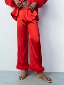Maija Women's Red Autumn Seksi Chic Lounge 2 Pieces Set,Fur Cuff Patchwork Pullover Sweatshirt&Elastic Waist Loose Pants,Christmas Valentine's Day Outfit - Red - View 6