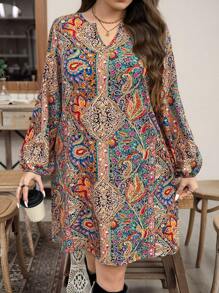 SHEIN LUNE Vestido casual holgado de mujer talla grande con estampado de paisley, cuello en V y puños elásticos, para vacaciones, ropa occidental, ropa vintage, vestido bohemio, vestido de primavera, ropa de resort, vestido de club, vestido tropical, ropa de primavera, ropa de verano, atuendos de primavera para mujer