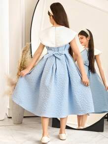 SHEIN Tween Girls Elegant Woven Textured Floral Jacquard Peter Pan Collar Pearl Decor Waist Ruched Swing Dress, Blue, Graduation Dress - Blue - View 2