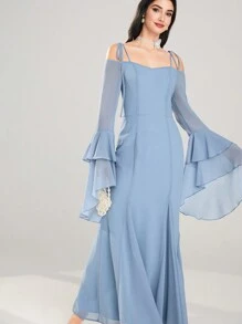 Modelyn 女士超长纯色长袖连衣裙，简约时尚休闲日常穿着 - 藍色 - 查看 3