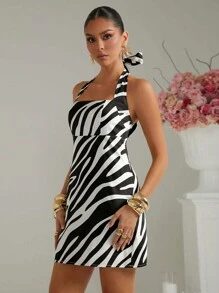 Lumalex White Animal Print Summer Chic Party Night Halter Neck Zebra Pattern Bodycon Mini Dress For Women,Bohemian Old Money Wedding Banquet Festival Outfit - Black and White - View 4