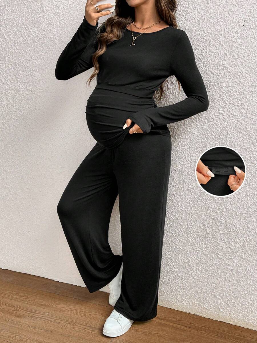 SHEIN 1 Set Crew Neck Long Sleeve Knit T-Shirt And Adjustable Waist Straight Leg Pants, Women Casual Loose Nursing Suit, Autumn - Black - View 1