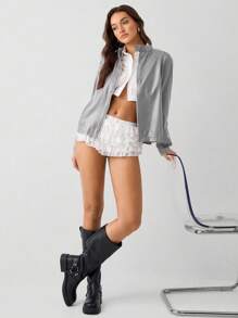 SHEIN Unity 1 件女式简约摩托车立领插肩拉链长袖 PU 皮夹克，休闲街头风格，秋冬新年服装 - 灰色 - 查看 4