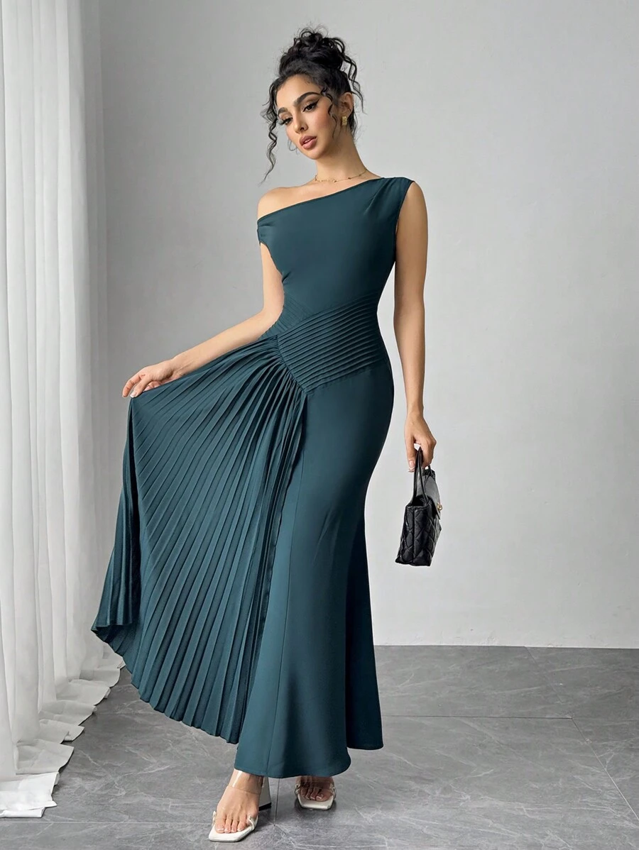Modelyn Women's Solid Color Asymmetric Pleated Elegant Casual Dress - Green - View 1