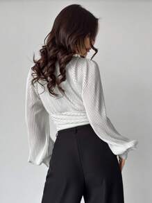 SHEIN Privé 女士优雅浪漫时尚办公室通勤性感时尚褶皱纹理灯笼袖衬衫，适合婚礼、生日 - 杏色 - 查看 4