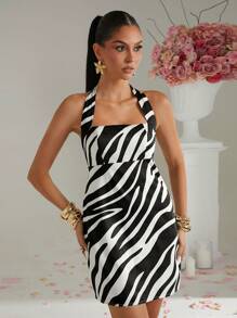 Lumalex White Animal Print Summer Chic Party Night Halter Neck Zebra Pattern Bodycon Mini Dress For Women,Bohemian Old Money Wedding Banquet Festival Outfit - Black and White - View 3