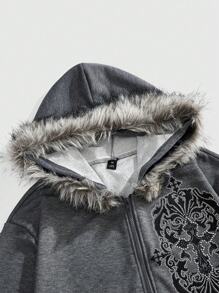 ROMWE MEN Goth Men's Cross Print Patchwork Fluffy Hooded Sweatshirt Sweatshirt For Autumn - Grey - View 4