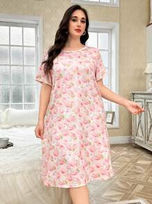 CottageSlumber Plus Size Simple Graphic Round Neck Short Sleeve Casual Nightgown
