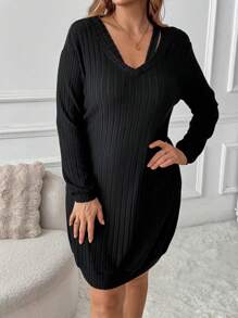 SHEIN CURVE+ Plus Size Women's Solid Color Simple Knitting Sweater Dress, For Autumn/Winter