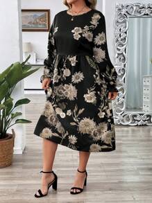 EMERY ROSE 优雅长袖花卉印花褶皱腰 A 字大码女式连衣裙，春季服装 - 彩色 - 查看 4