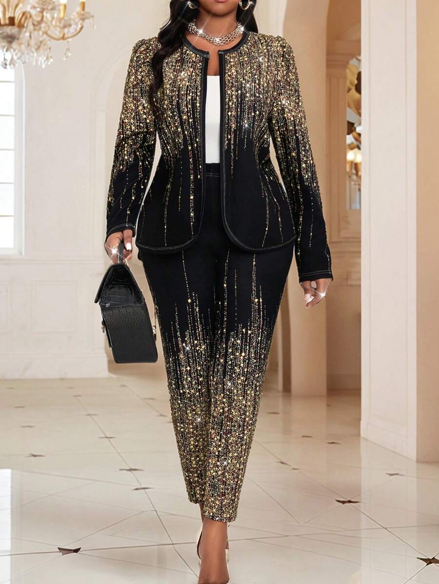 SHEIN Lady 秋冬优雅针织翻领纽扣长袖加大码仿皮草大衣 秋冬优雅黑金色针织翻领纽扣长袖加大码仿皮草大衣，情人节 - 黑色 - 查看 1