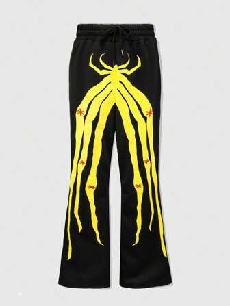 Street Life Pantalon de survêtement casual à taille à cordon de serrage et imprimé araignée en forme d'évasé par couches pour homme