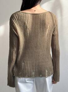 Dazy-Less 1 件女士纯色个性化针织毛衣，秋季服装商务休闲女士工作服 - 棕色 - 查看 5