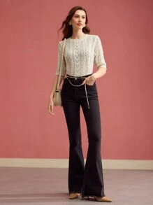 MOTF PREMIUM POINTELLE KNIT ROUND NECK KNIT TOP KNIT PULLOVER FALL WINTER - Beige - View 5