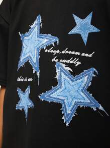 SHEIN Explorewe Camiseta de manga corta con cuello redondo y bordado de estrella, estilo casual de calle para niño preadolescente, verano - Negro - Ver 3