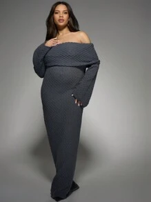 MISSGUIDED PLUS Plus Size Off-Shoulder Ribbed Knit Maxi Sweater Dress Winter Fall Cozy Oversized Long Sleeve Chunky Knit Evening Party Holiday Formal - Grey - View 1