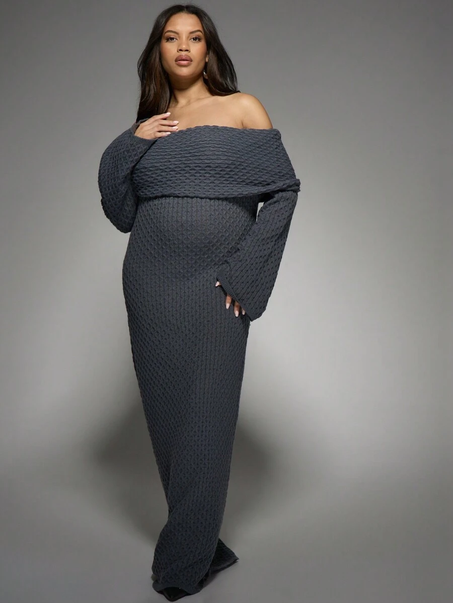 MISSGUIDED PLUS Plus Size Off-Shoulder Ribbed Knit Maxi Sweater Dress Winter Fall Cozy Oversized Long Sleeve Chunky Knit Evening Party Holiday Formal - Grey - View 1
