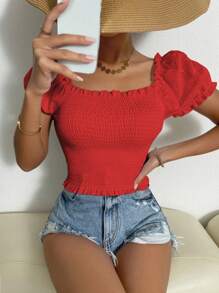 Chiquease Blusa casual de manga corta con volantes en el dobladillo, de unicolor, para uso diario