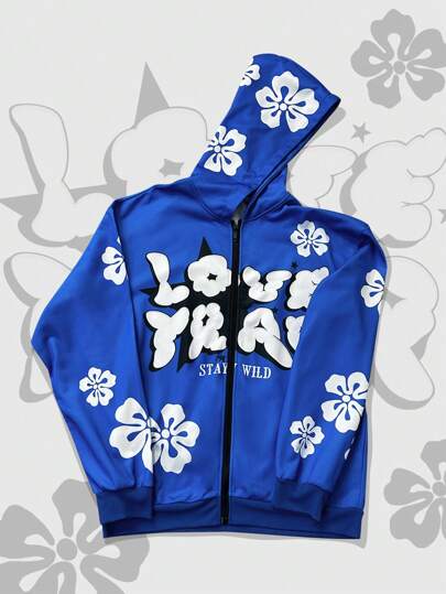 Street Life هودي للرجال مطبوع عليه الأحرف والنقوش الزهرية مع سوستة ، مناسب للخريف والشتاء