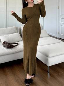 Modelyn Waist Cinched Ribbed Velvet Long Dress, Versatile Long Evening Dresses - Olive Green - View 6