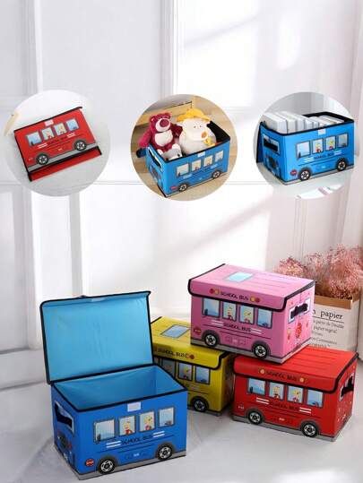 1pc School Bus Pattern Non-Woven Fabric Organizer Box,Covered Folding Multi-Functional Storage ,School Bus Treasure Box Kids Foldable Chest Storage Box,Toys Organizer Box, Car Design Decorations Festival Decor Room Decor Home Decor Bedroom Decor