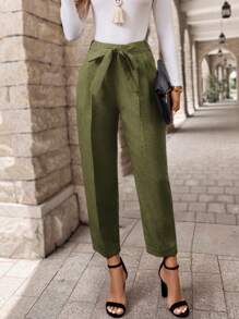 EMERY ROSE Women's Solid Color Front Tie Pocket Simple Casual Dress Pants - Army Green - View 3