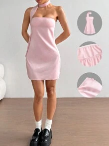 Flirla Women Short Casual Pink Dress, Minimalist And Fashionable For Everyday - Pink - View 1