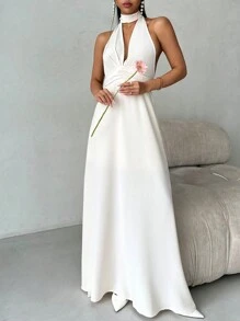 Aloruh Rochie romantică cu decolteu în V adânc, fără spate, cu volane, pentru nunta de Ziua Îndrăgostiților