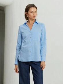 GENKIRA 卷起袖子纽扣衬衫 纽扣衬衫女士 - 藍色 - 查看 2
