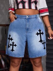 SHEIN ICON Plus Size Button Front Pocket Printed Casual Denim Shorts For Summer - Blue - View 4