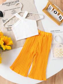 2pcs Baby Girl Fashion Strap Top And Pleated Long Pants Set, Simple Style For Holiday, Spring/Summer - Multicolor - View 2